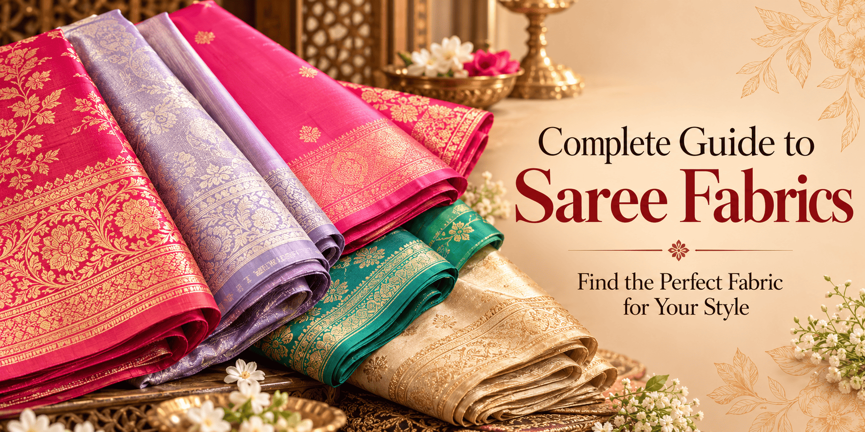 Premium Indian saree fabrics in silk, pink, green, gold and lavender shades