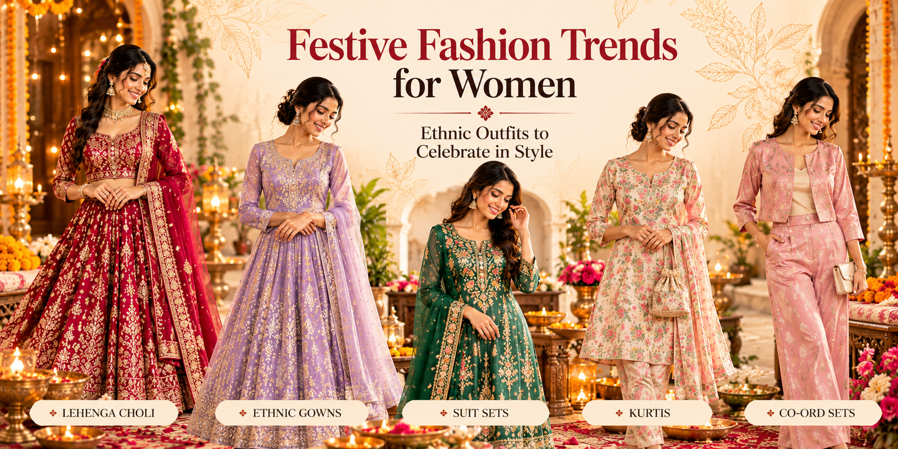 Festive Indian women's ethnic fashion featuring lehengas, embroidered suits and elegant gowns