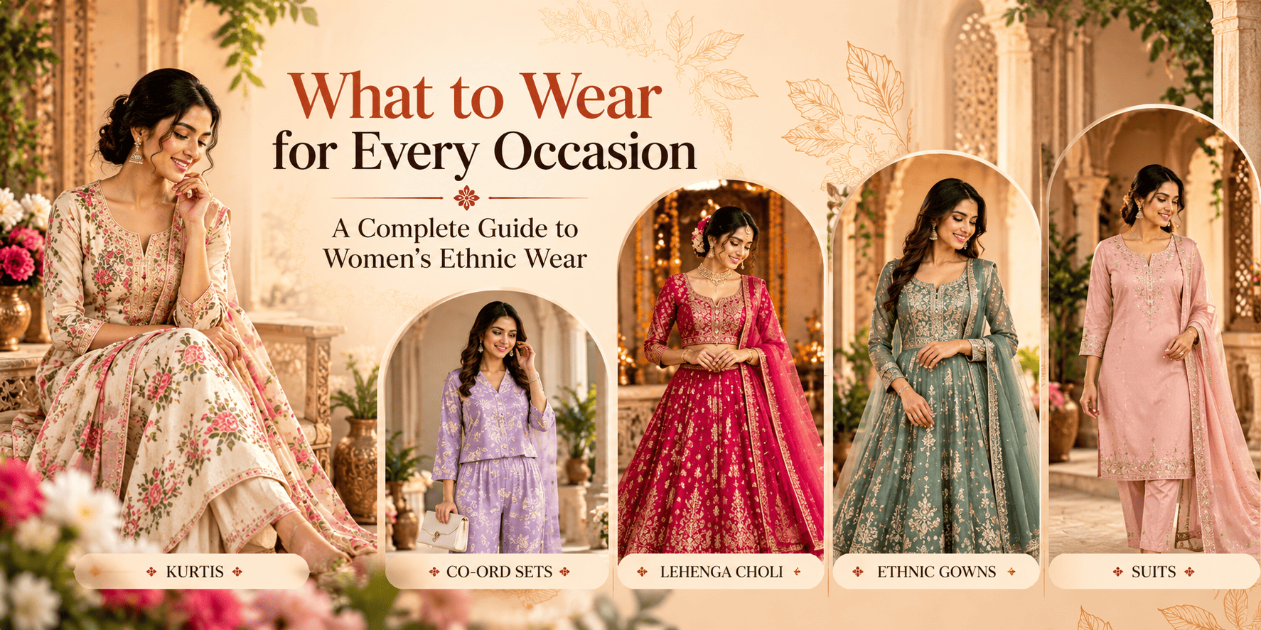 Women's Indian ethnic outfits including kurtis, co-ord sets, lehengas and Anarkali gowns