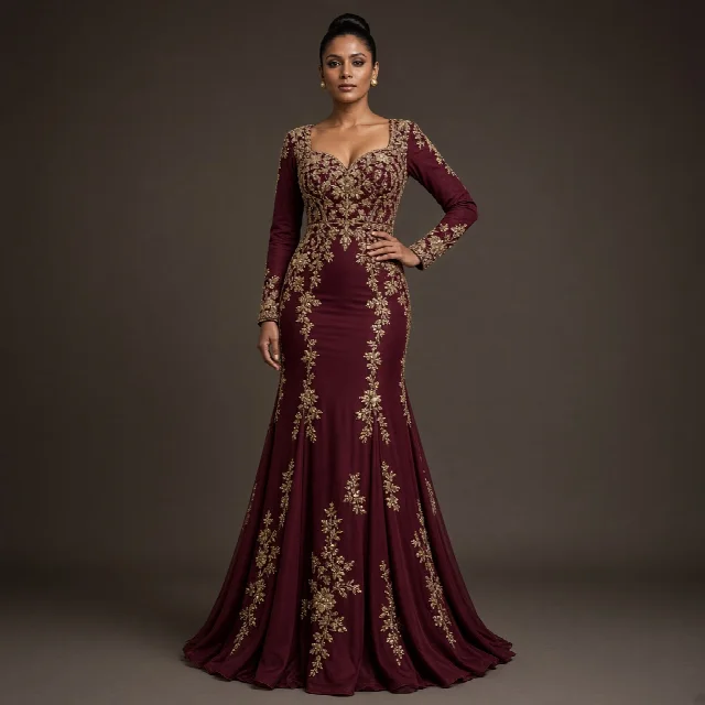 Burgundy Embroidered Party Gown