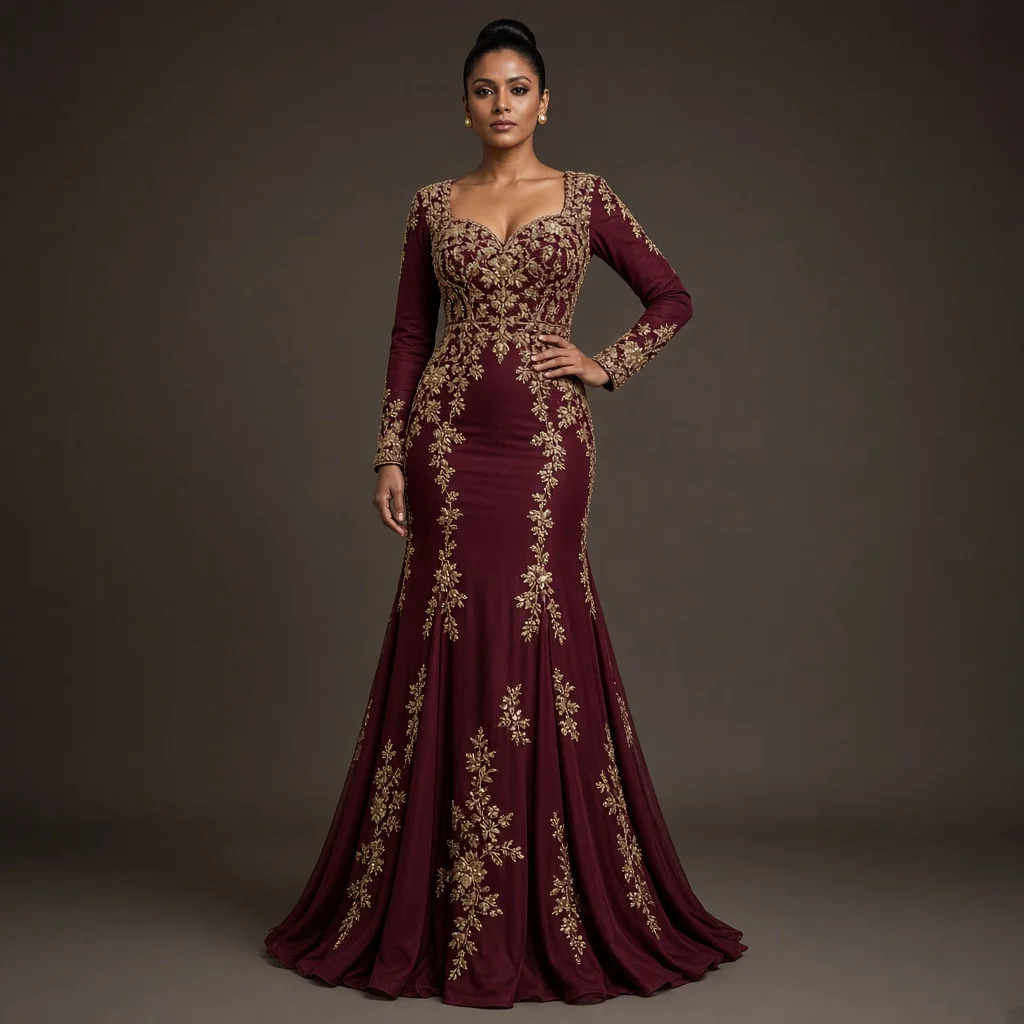 Burgundy Embroidered Party Gown