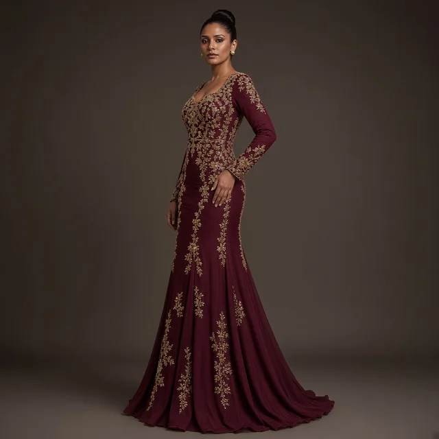 Burgundy Embroidered Party Gown