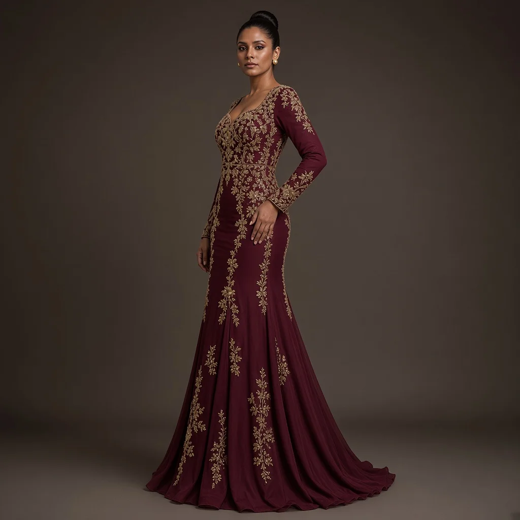 Burgundy Embroidered Party Gown