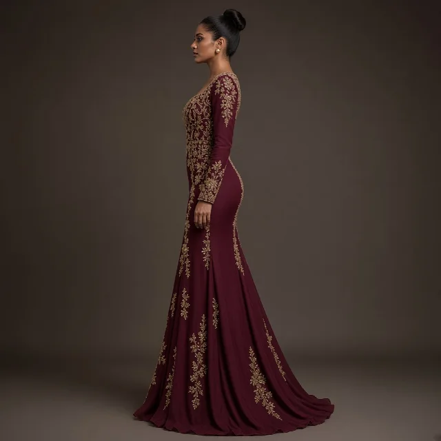 Burgundy Embroidered Party Gown