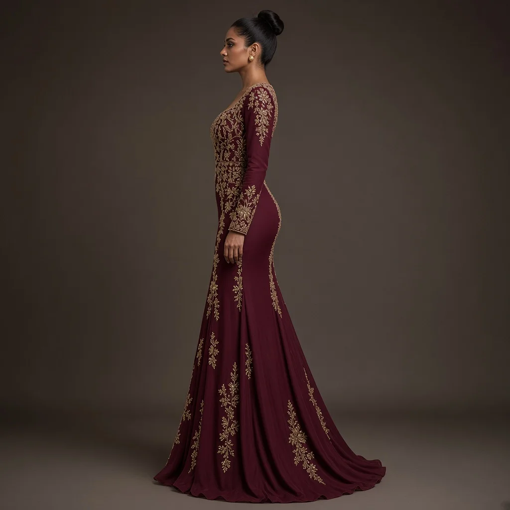 Burgundy Embroidered Party Gown