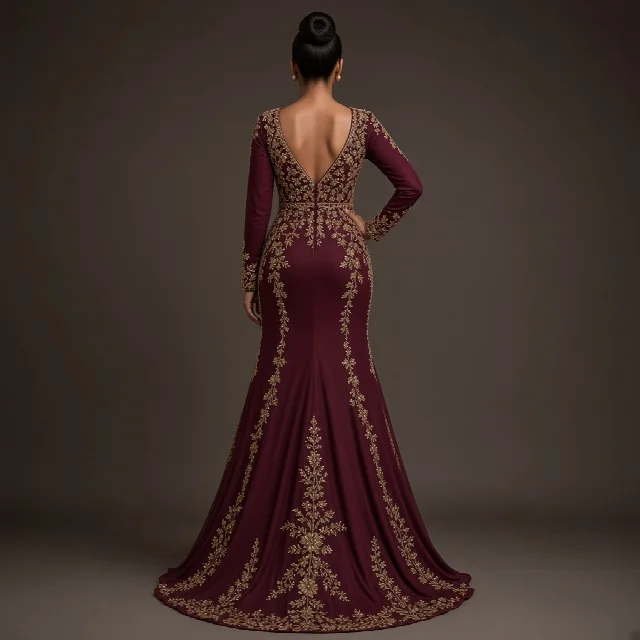 Burgundy Embroidered Party Gown
