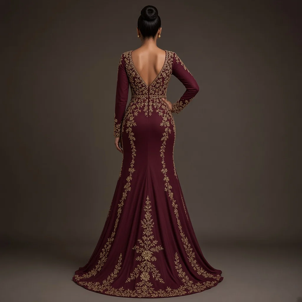 Burgundy Embroidered Party Gown