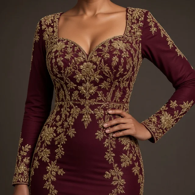 Burgundy Embroidered Party Gown