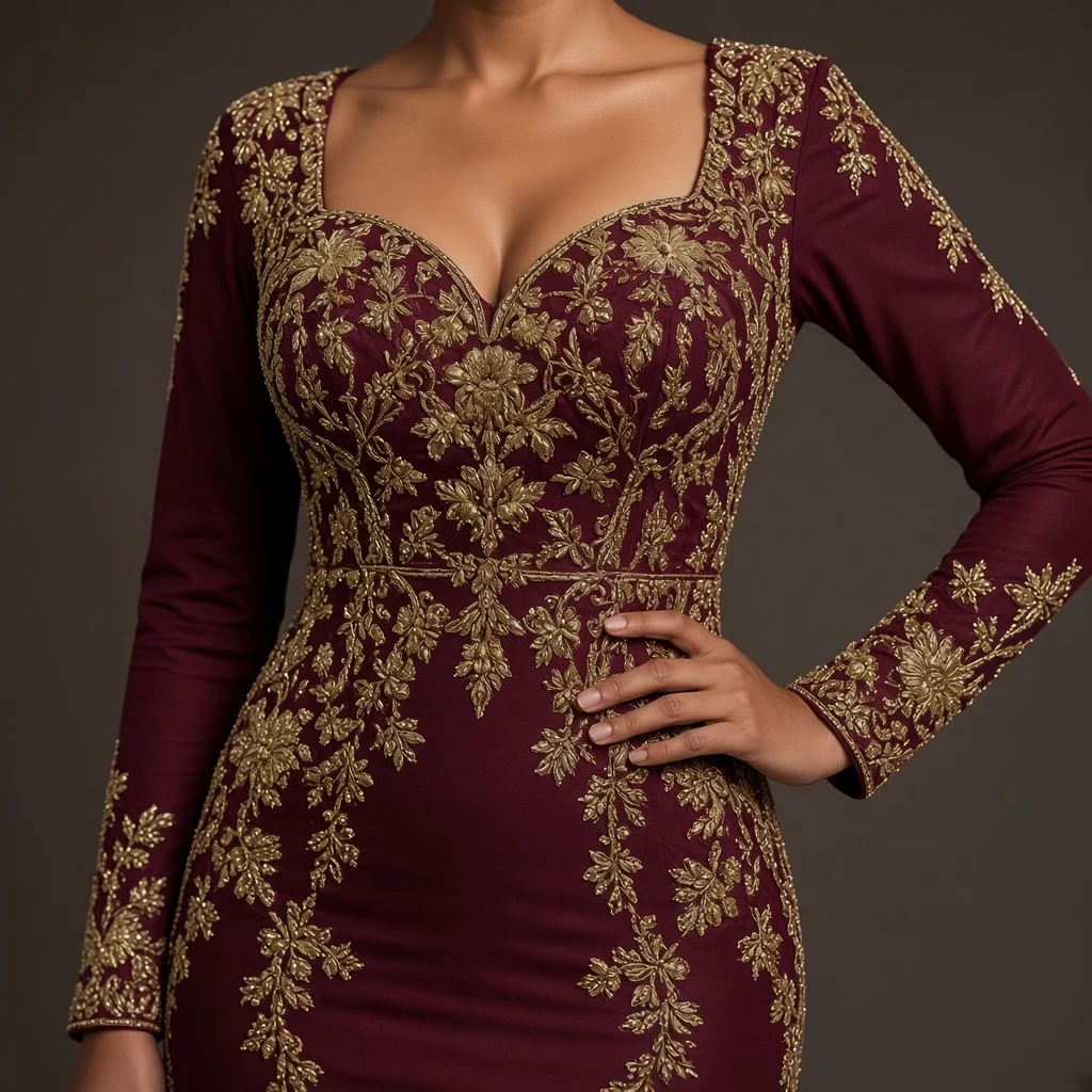 Burgundy Embroidered Party Gown