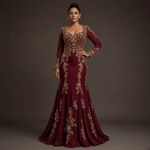Burgundy Embroidered Party Gown thumbnail