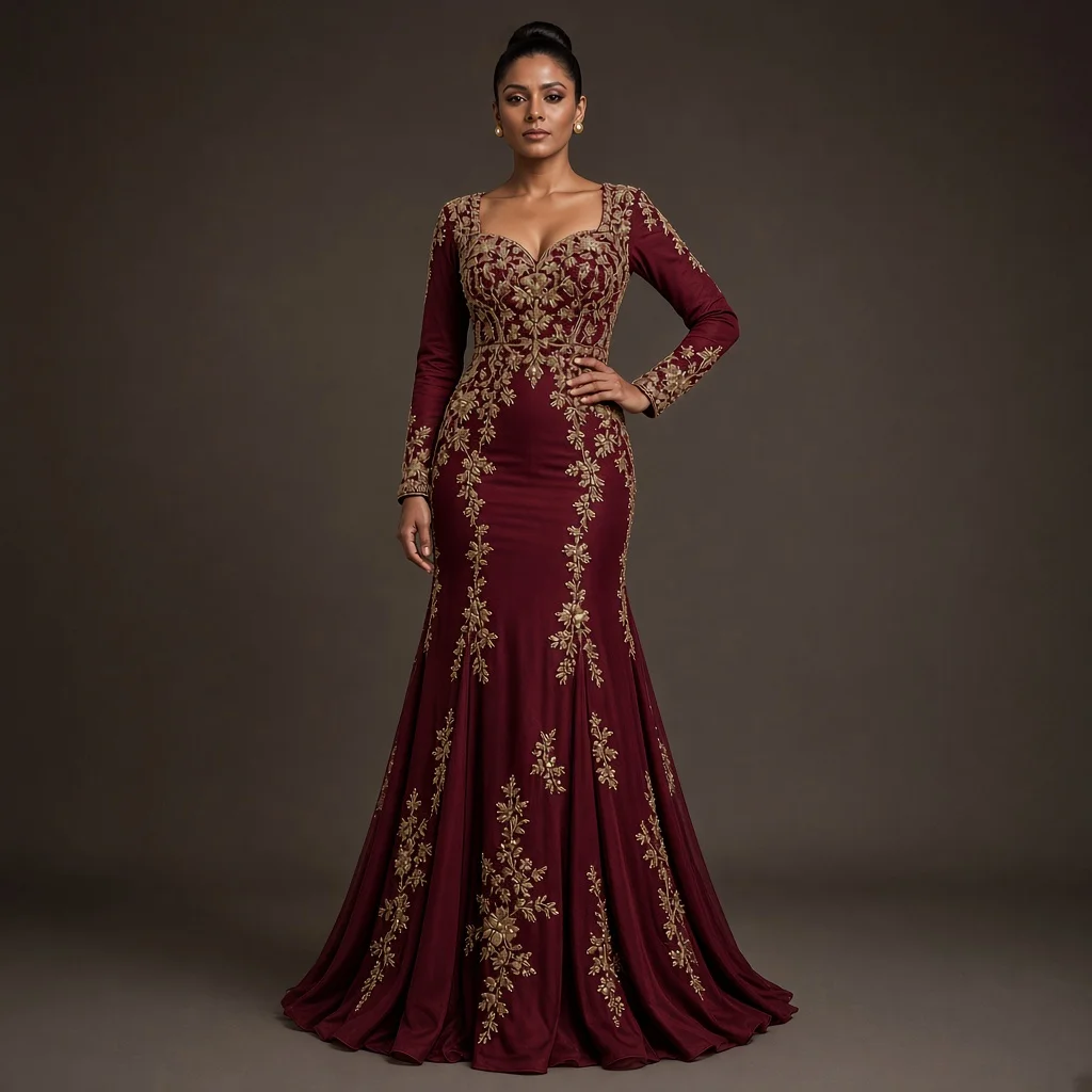 Burgundy Embroidered Party Gown