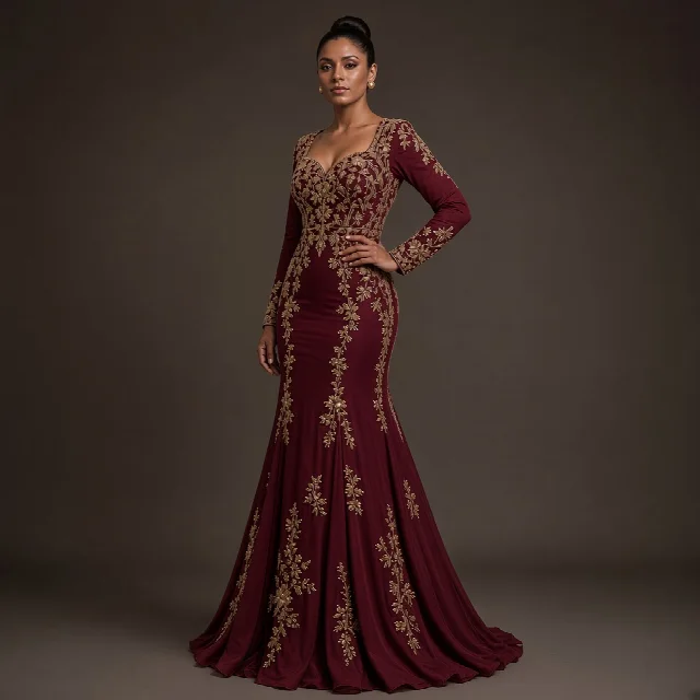Burgundy Embroidered Party Gown thumbnail