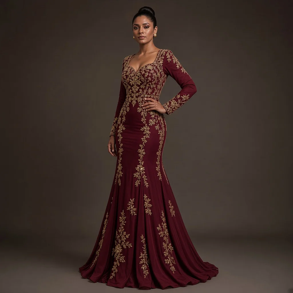 Burgundy Embroidered Party Gown