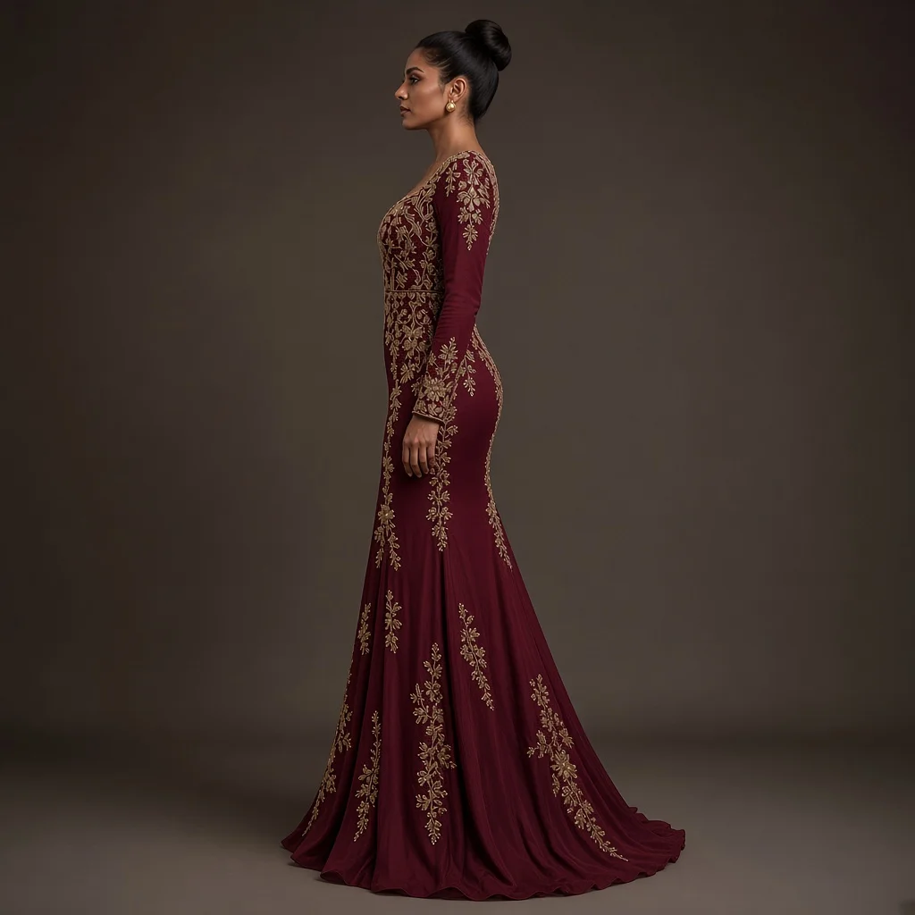 Burgundy Embroidered Party Gown