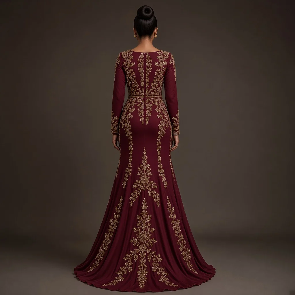 Burgundy Embroidered Party Gown