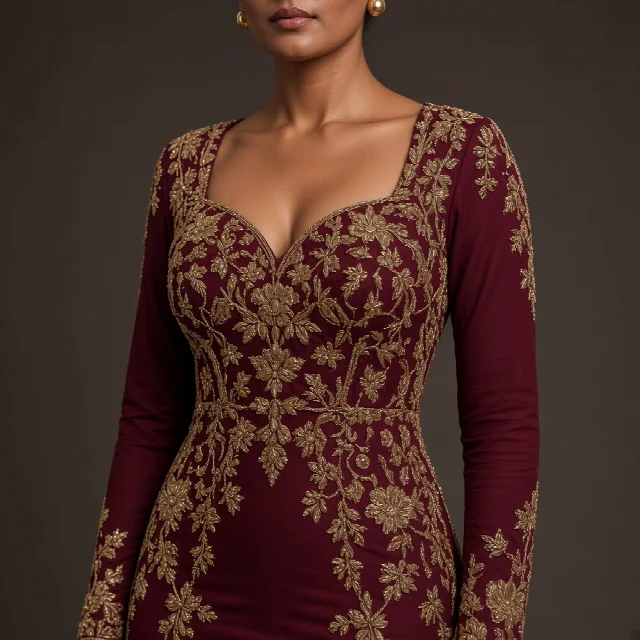 Burgundy Embroidered Party Gown thumbnail