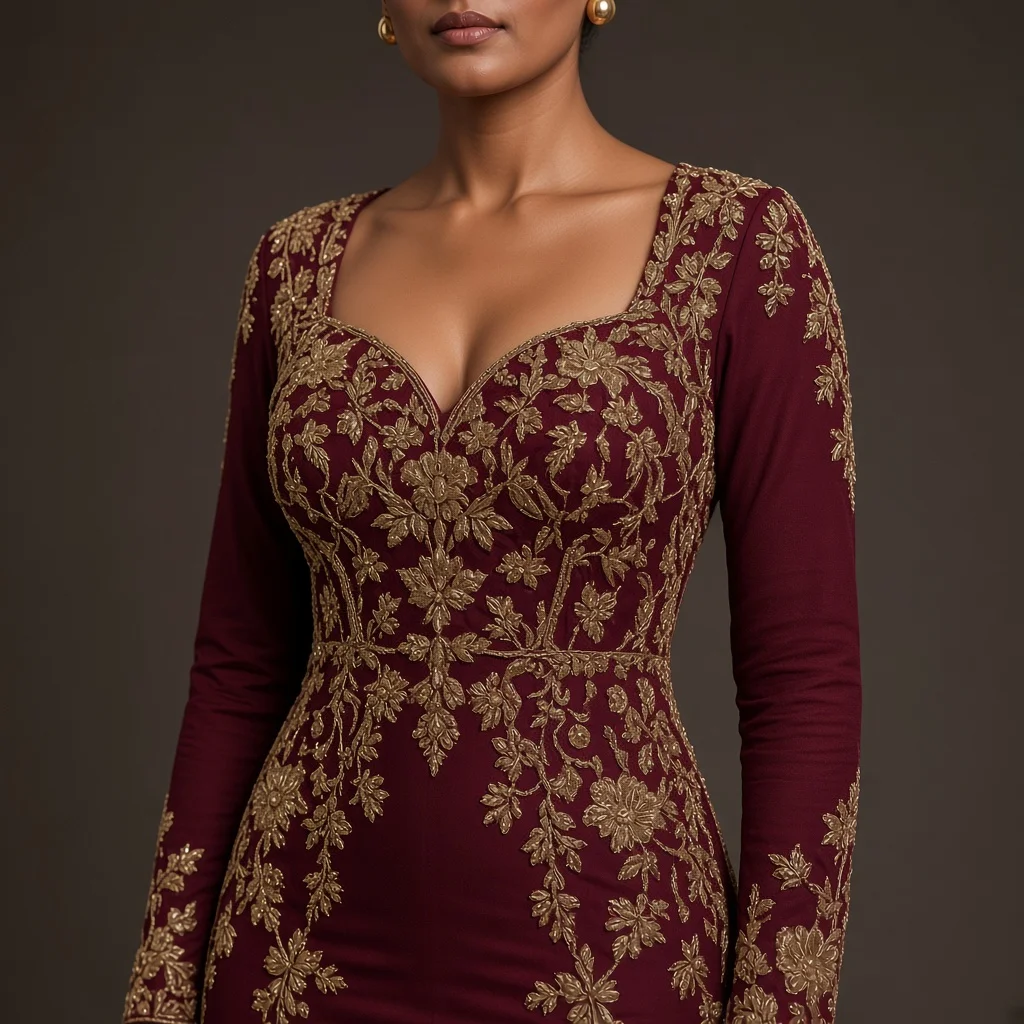 Burgundy Embroidered Party Gown