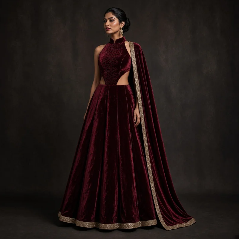 Emerald Court Velvet-Look Lehenga