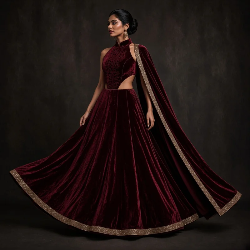 Emerald Court Velvet-Look Lehenga