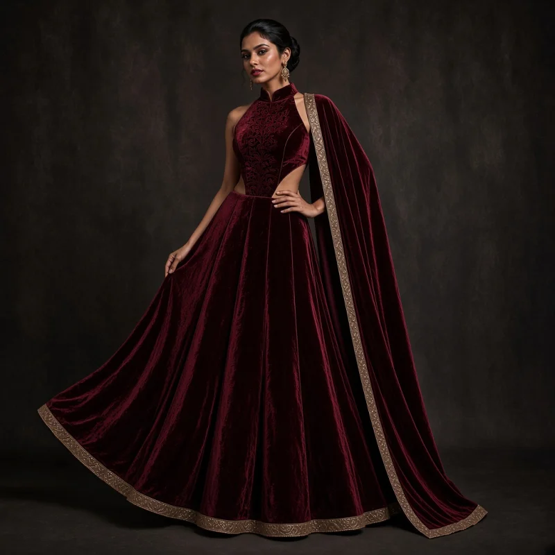 Emerald Court Velvet-Look Lehenga