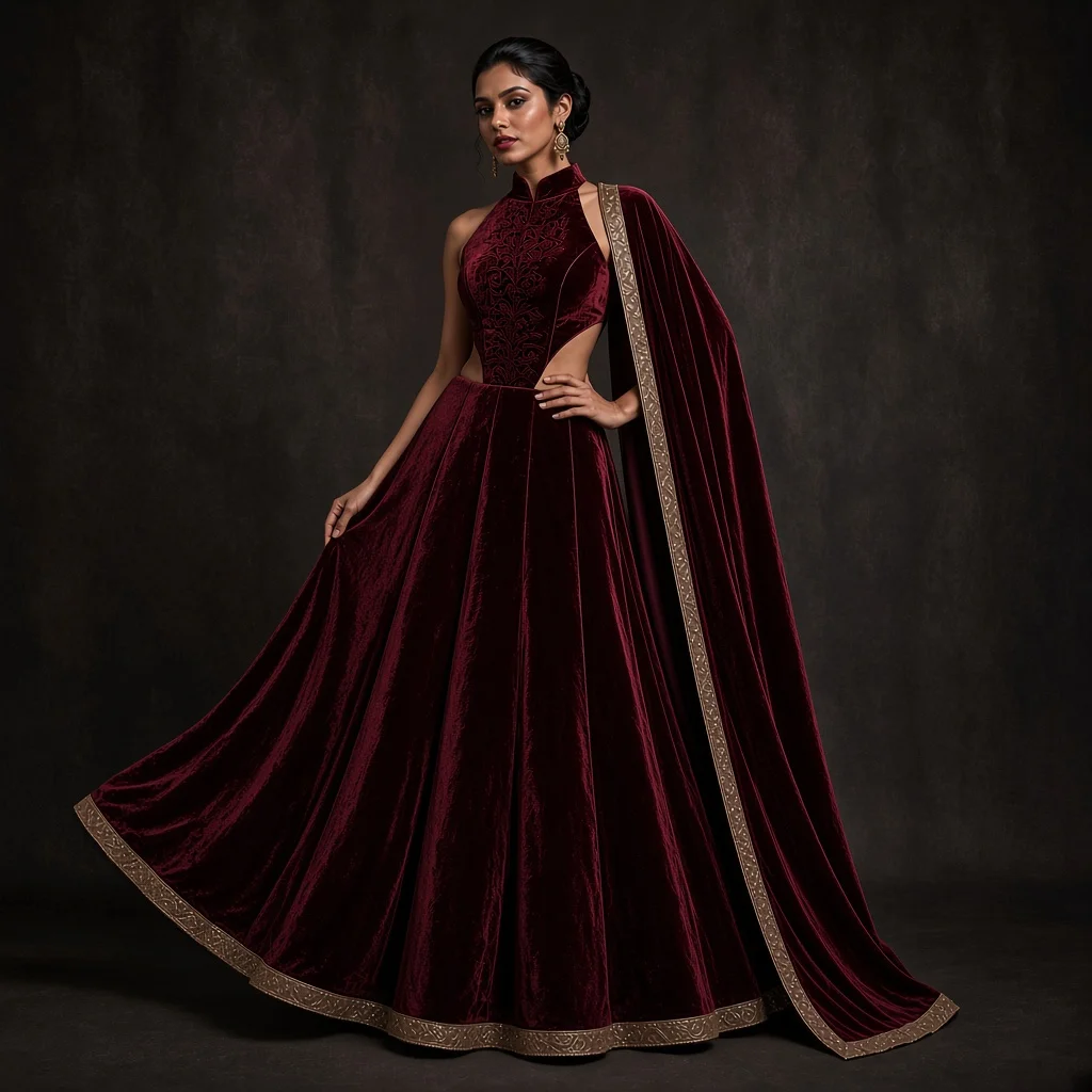 Emerald Court Velvet-Look Lehenga