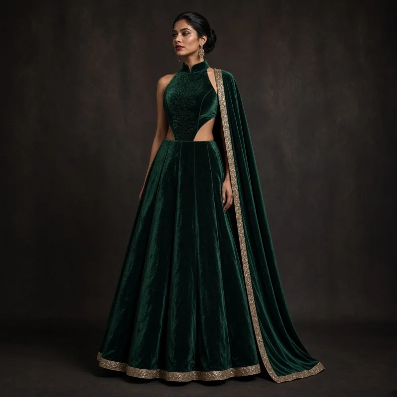 Emerald Court Velvet-Look Lehenga