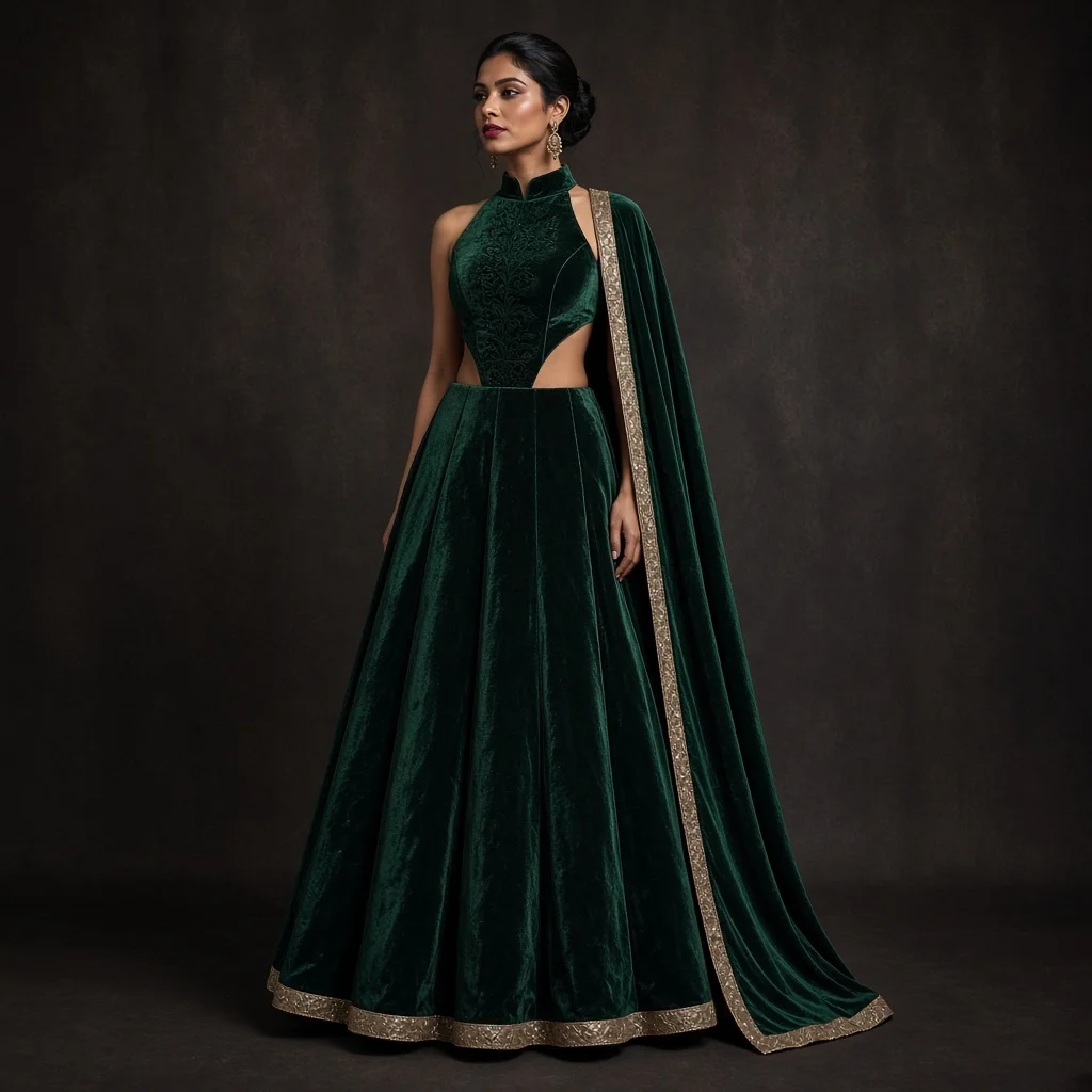 Emerald Court Velvet-Look Lehenga