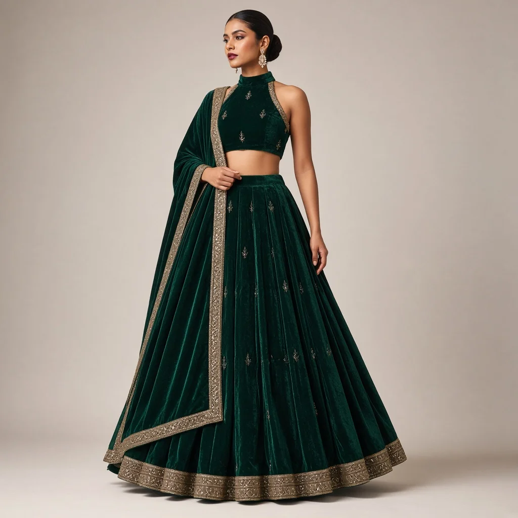 Emerald Court Velvet-Look Lehenga