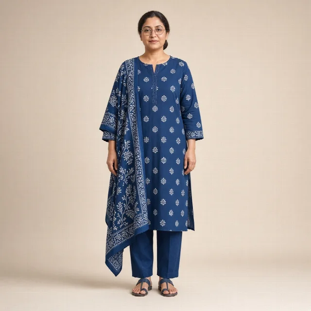 Indigo Block-Print Cotton Suit Set