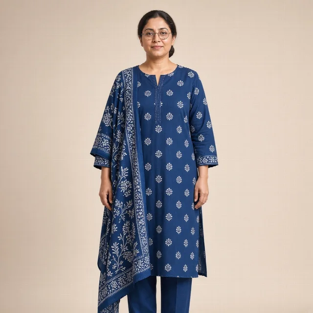 Indigo Block-Print Cotton Suit Set