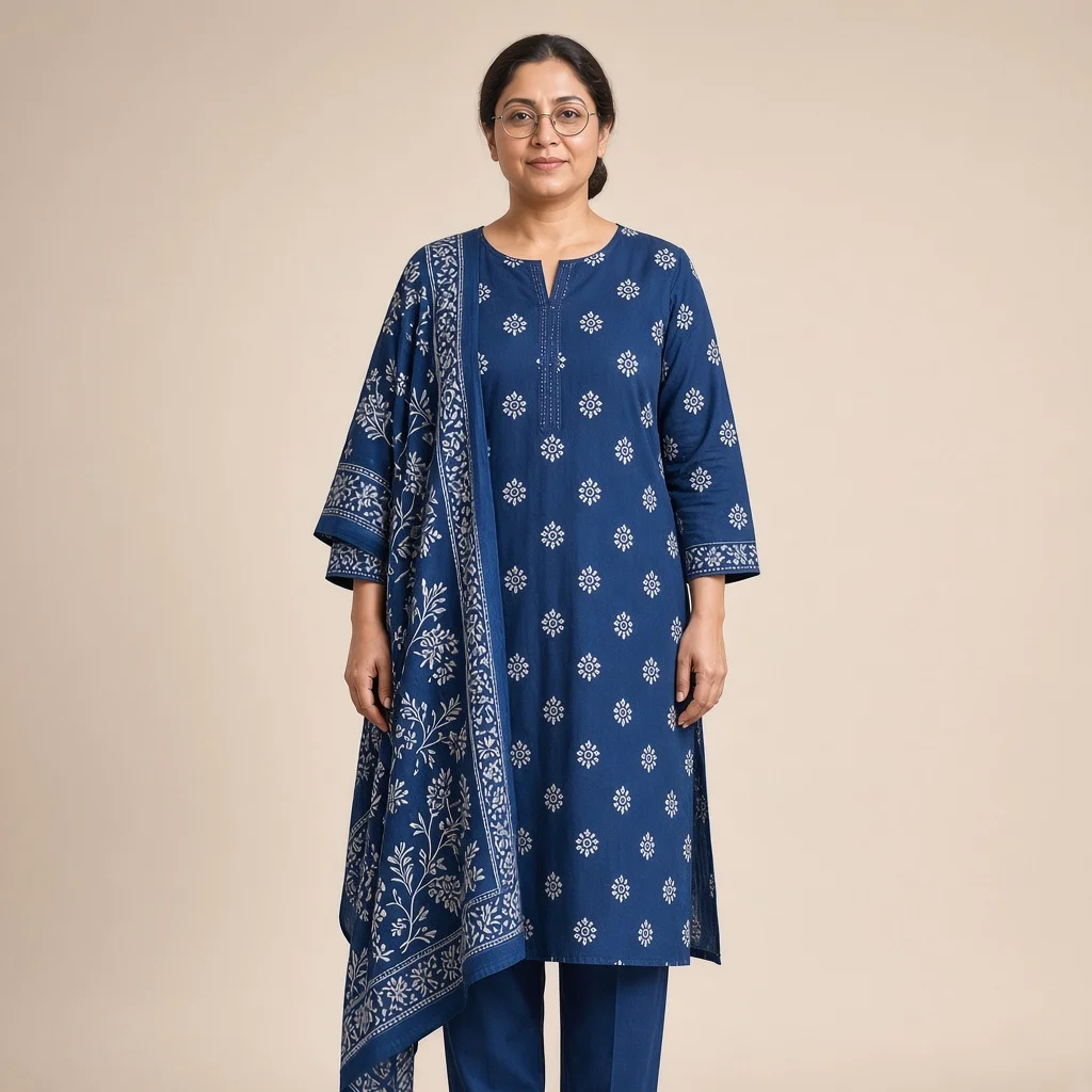 Indigo Block-Print Cotton Suit Set