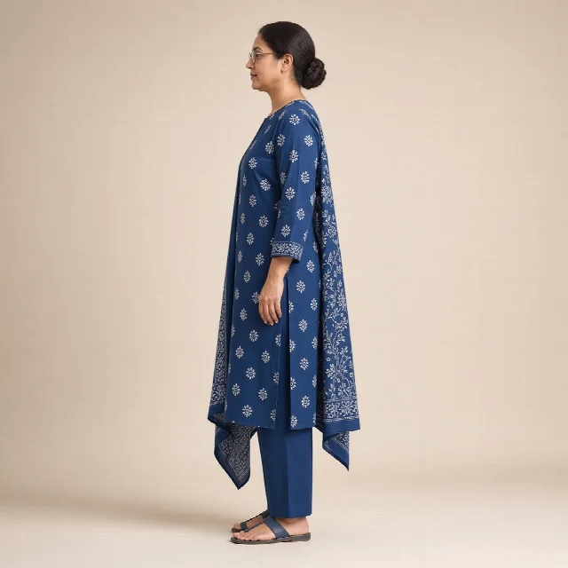 Indigo Block-Print Cotton Suit Set