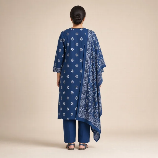 Indigo Block-Print Cotton Suit Set