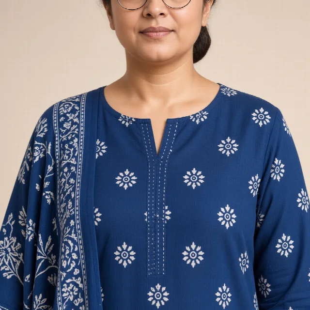 Indigo Block-Print Cotton Suit Set