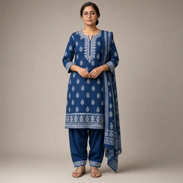 Indigo Block-Print Cotton Suit