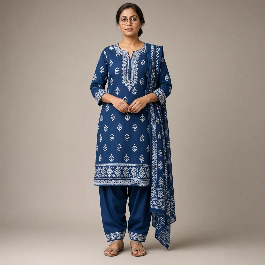 Indigo Block-Print Cotton Suit