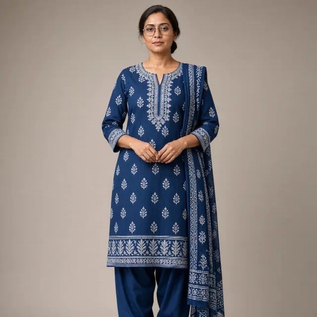 Indigo Block-Print Cotton Suit
