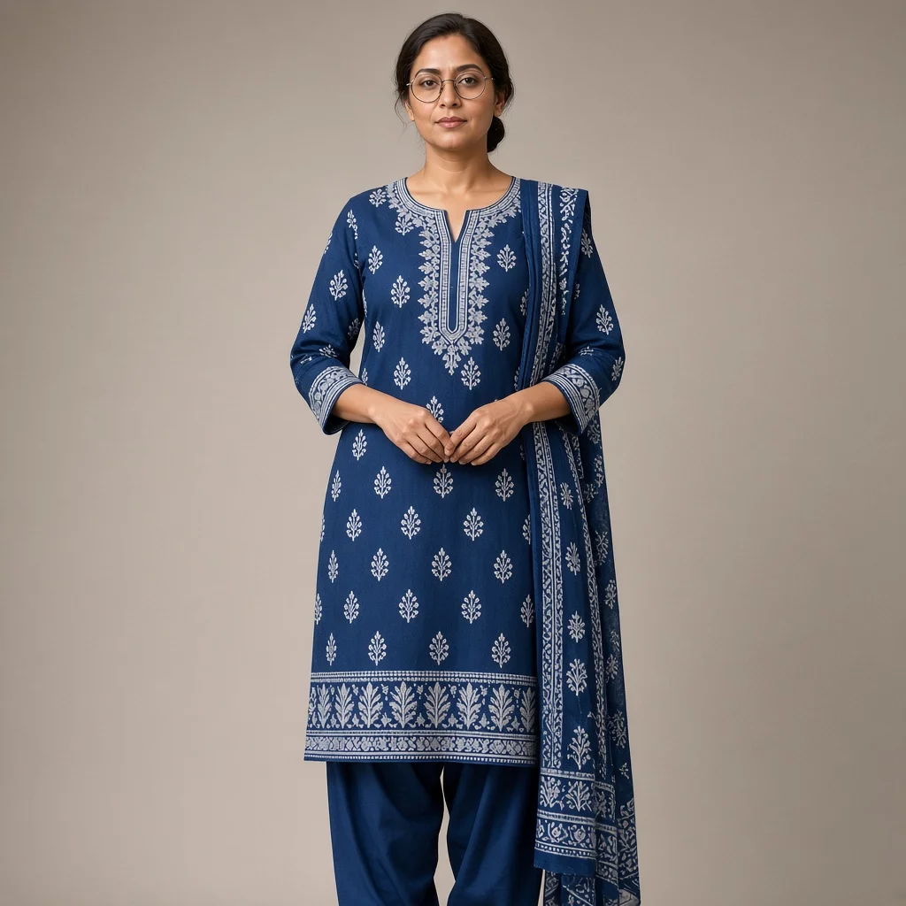 Indigo Block-Print Cotton Suit