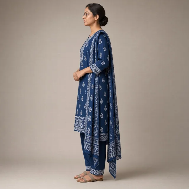 Indigo Block-Print Cotton Suit