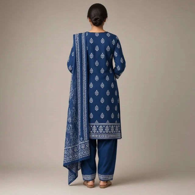 Indigo Block-Print Cotton Suit