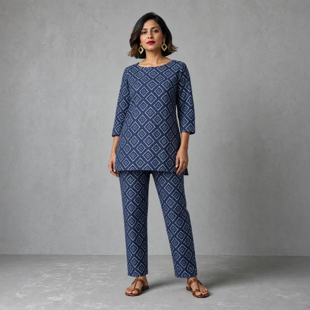 Indigo Geometric Tunic Co-ord Set