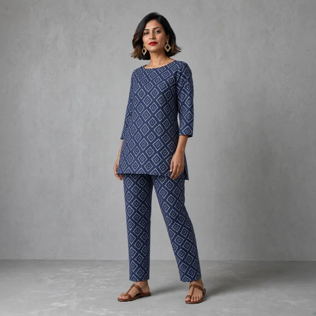 Indigo Geometric Tunic Co-ord Set