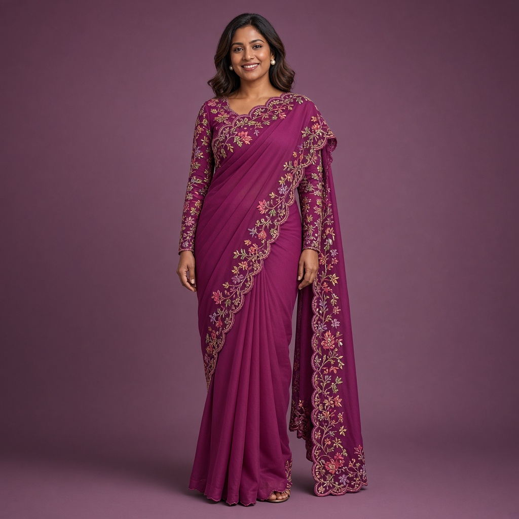 Magenta Georgette Thread Saree