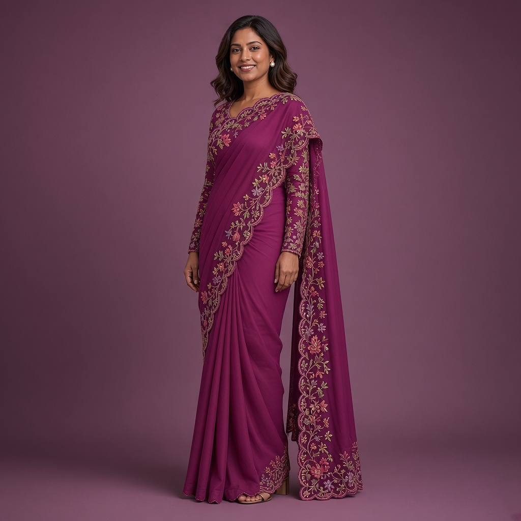 Magenta Georgette Thread Saree