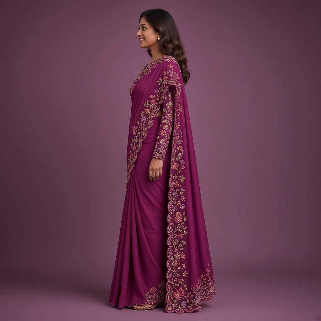 Magenta Georgette Thread Saree