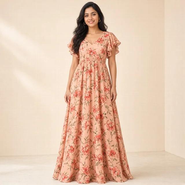 Peach Floral Ethnic Gown