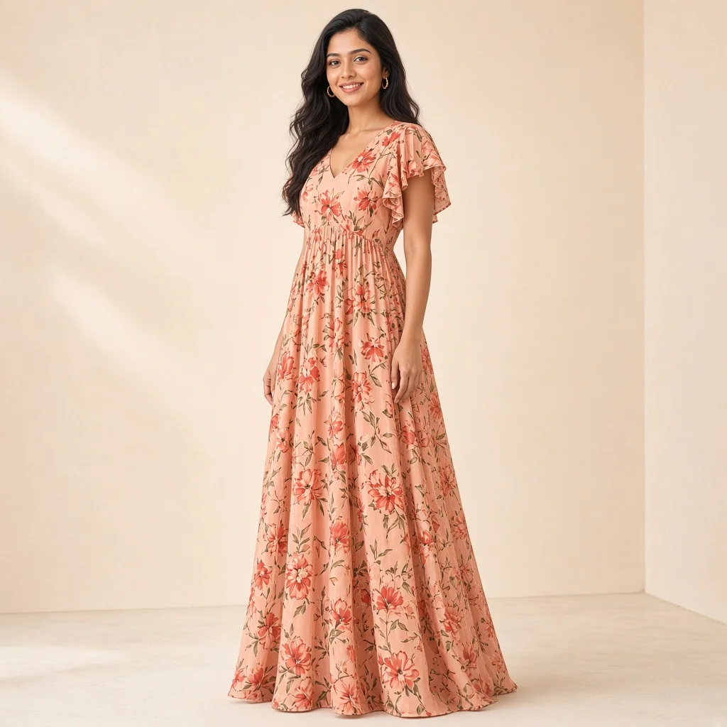Peach Floral Ethnic Gown