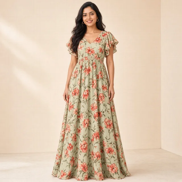 Peach Floral Ethnic Gown thumbnail