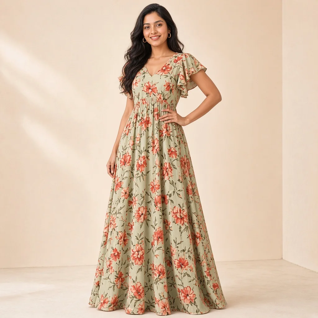Peach Floral Ethnic Gown
