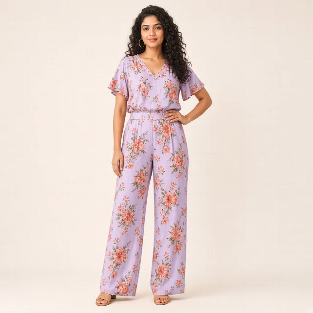 Peach Floral Wide-Leg Co-ord Set